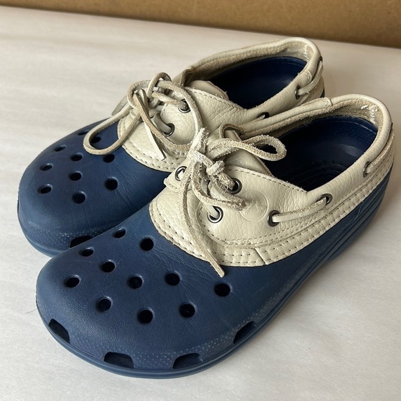 Crocs Islander Boat Clog Pitcrew Lace Up Shoes, Men's 5 Women's 8 Blue‎ and Tan - Picture 1 of 7